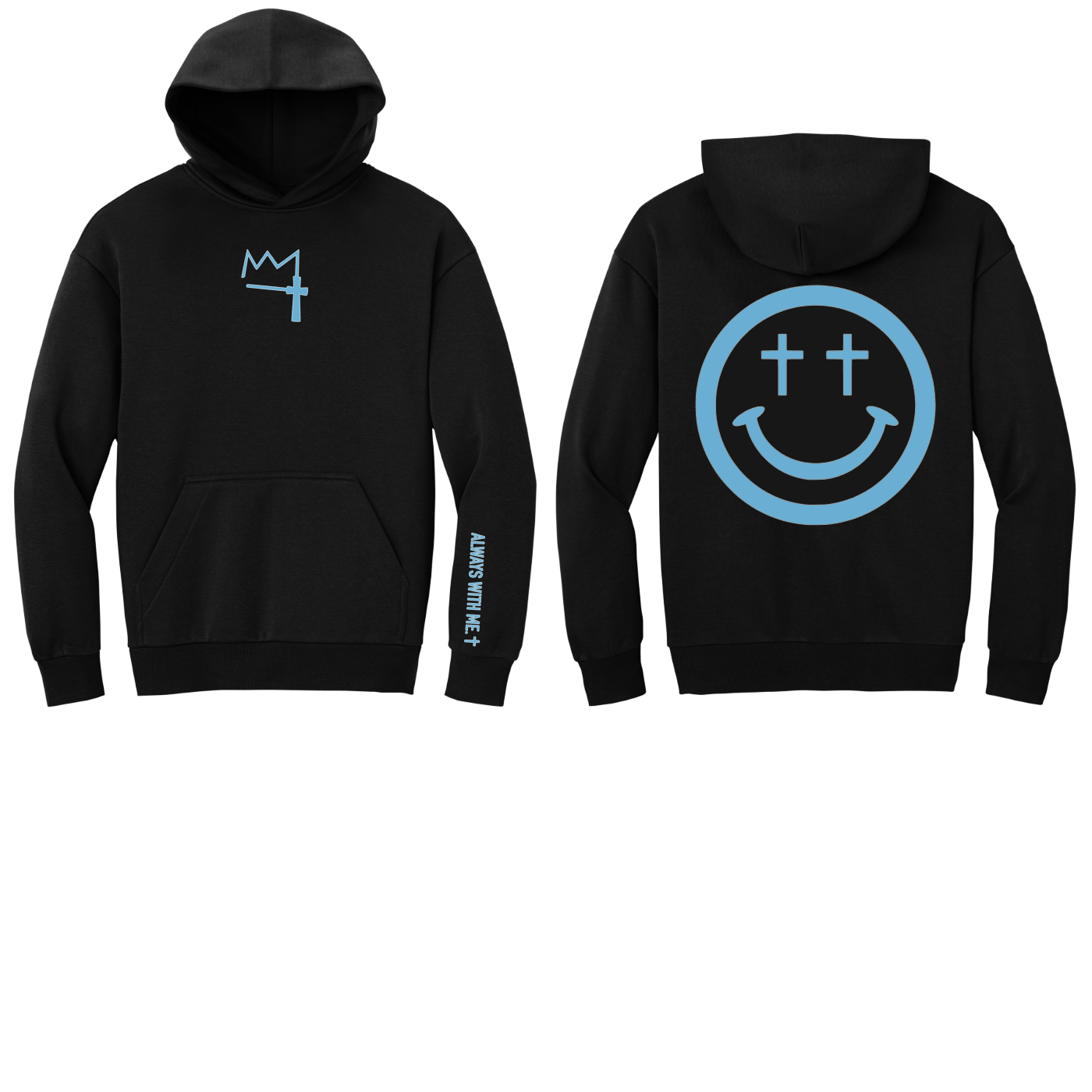 Youth Black and Sky Blue Smiley Cross Hoodie